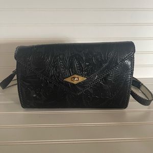 Handcrafted Tooled Womens Leather Adjustable Strap Black Crossbody Satchel